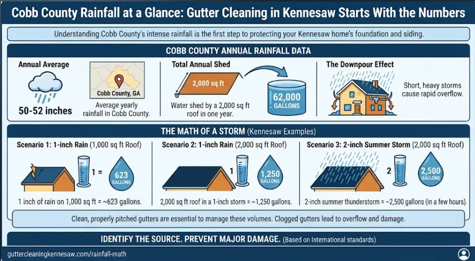 A Cobb County annual rainfall and stormwater volume infographic for Kennesaw, GA, illustrating 50 to 52 inches of yearly rainfall, roof runoff math up to 2,500 gallons during heavy storms, and gutter capacity needs.gutter cleaning in Kennesaw