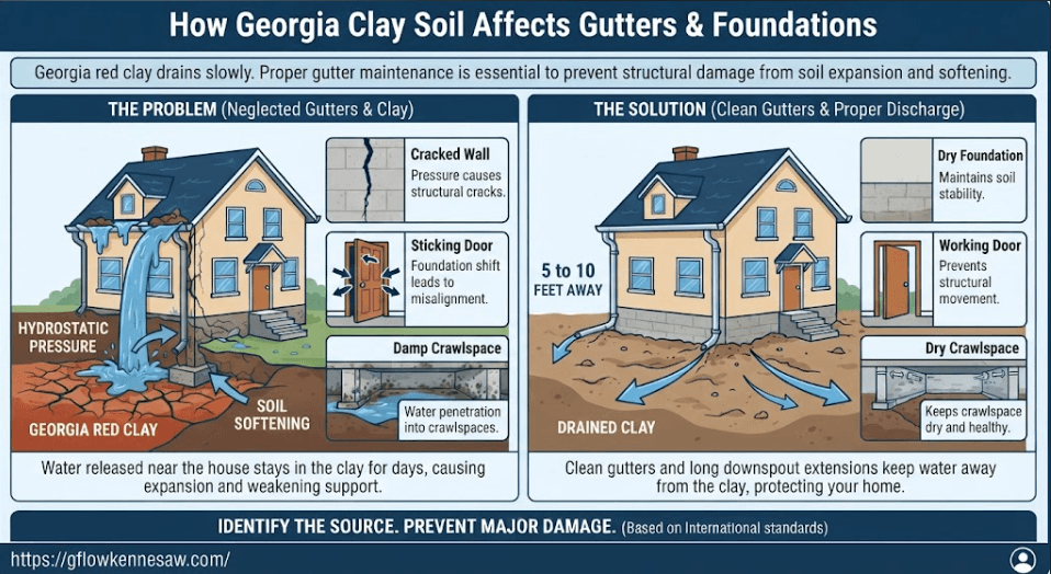An infographic explaining how Georgia red clay soil affects house foundations in Kennesaw, GA, illustrating hydrostatic pressure, soil softening, wall cracks, and proper 5-to-10-foot downspout discharge solutions.Gutter cleaning in Kennesaw