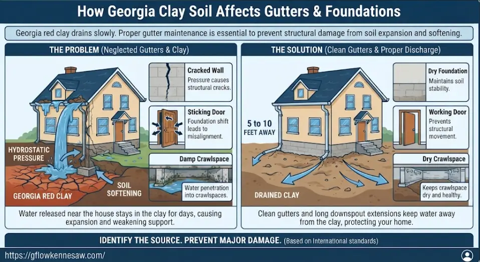 A cost comparison infographic contrasting routine gutter maintenance and downspout fixes against major foundation crack repair and structural stabilization for homes in Kennesaw, GA.