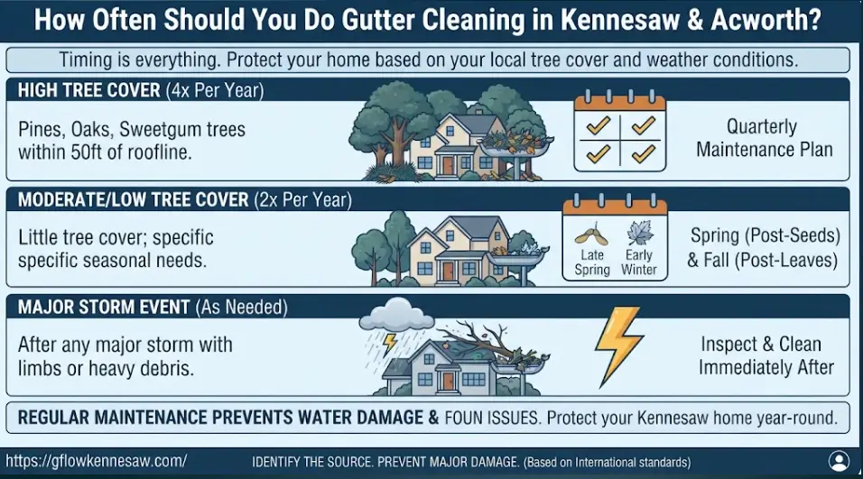 A gutter cleaning frequency infographic for Kennesaw and Acworth, GA, detailing quarterly maintenance for high tree cover, semi-annual care for low tree cover, and post-storm cleanings.