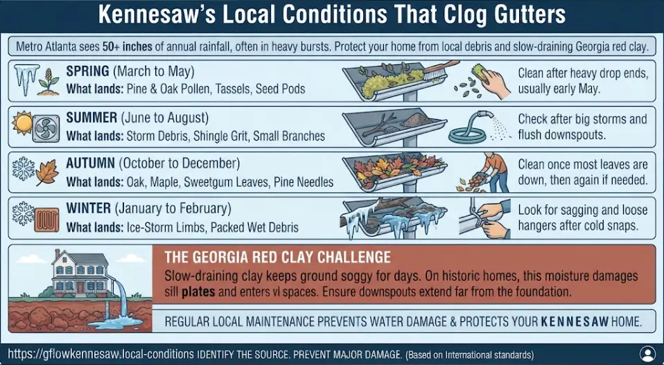 An infographic detailing local gutter clogging factors in Kennesaw, GA, including spring pollen, summer storm debris, autumn leaves, winter ice limbs, and the challenge of slow-draining Georgia red clay.gutter cleaning in Kennesaw