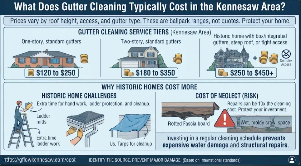 An infographic detailing gutter cleaning pricing tiers for the Kennesaw area, covering one-story, two-story, and historic homes with integrated gutters, plus the risks of rotted fascia and crawl space moisture.